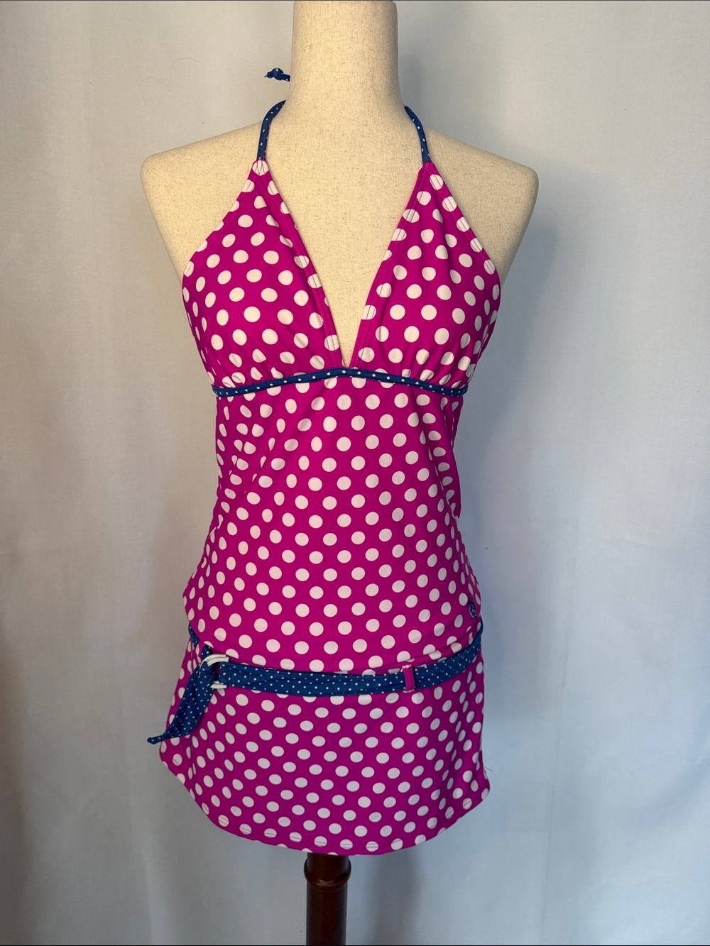 Ladies Pink Polka Dot Two-Piece Swimsuit with Blue Trim